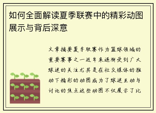 如何全面解读夏季联赛中的精彩动图展示与背后深意