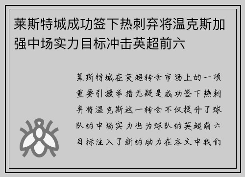 莱斯特城成功签下热刺弃将温克斯加强中场实力目标冲击英超前六